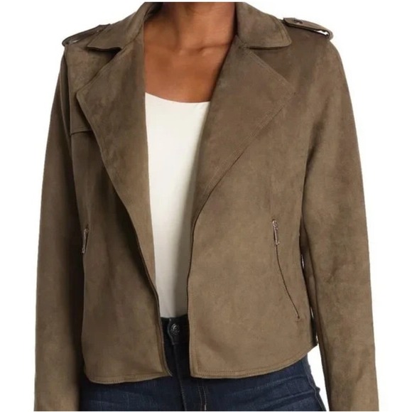 T Tahari Nordstrom Rack Moss Green Faux Suede Moto Biker Jacket - M - Picture 1 of 16